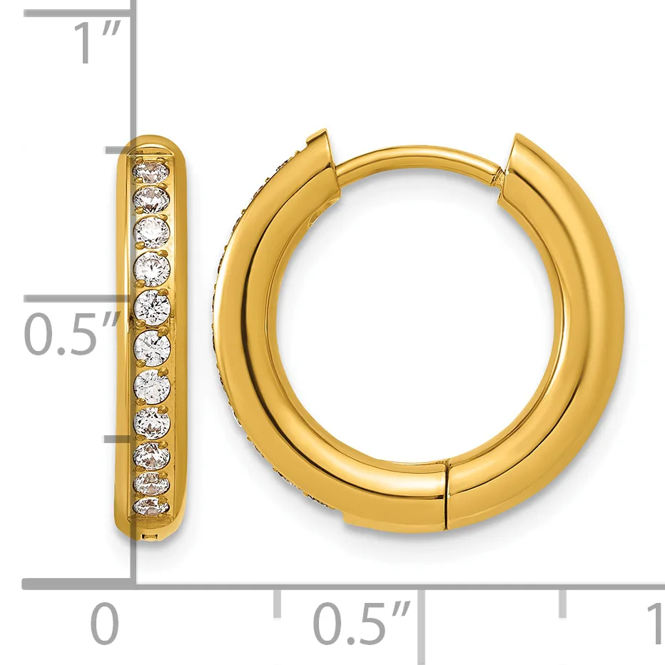 Gold hoop earrings with hinged closure, featuring a row of round diamond accents along the outer edge, displayed with a measurement scale showing approximately one inch in length.