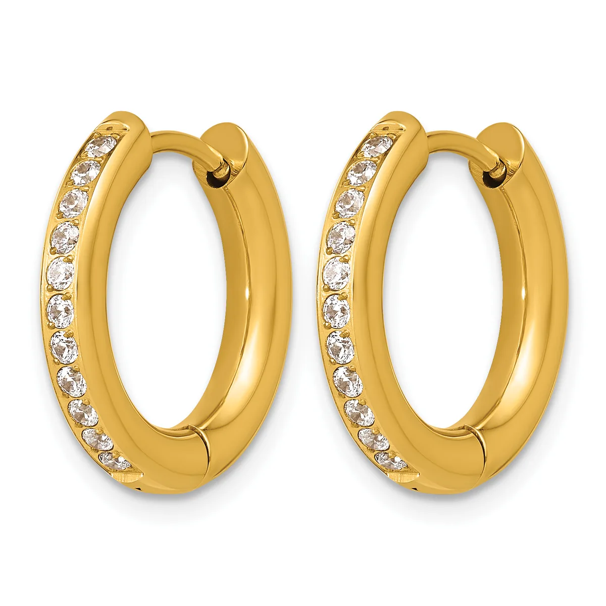 A pair of gold hoop earrings with diamond accents along the outer edge, shown from the front against a white background.