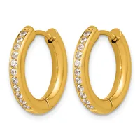 A pair of gold hoop earrings with diamond accents along the outer edge, shown from the front against a white background.