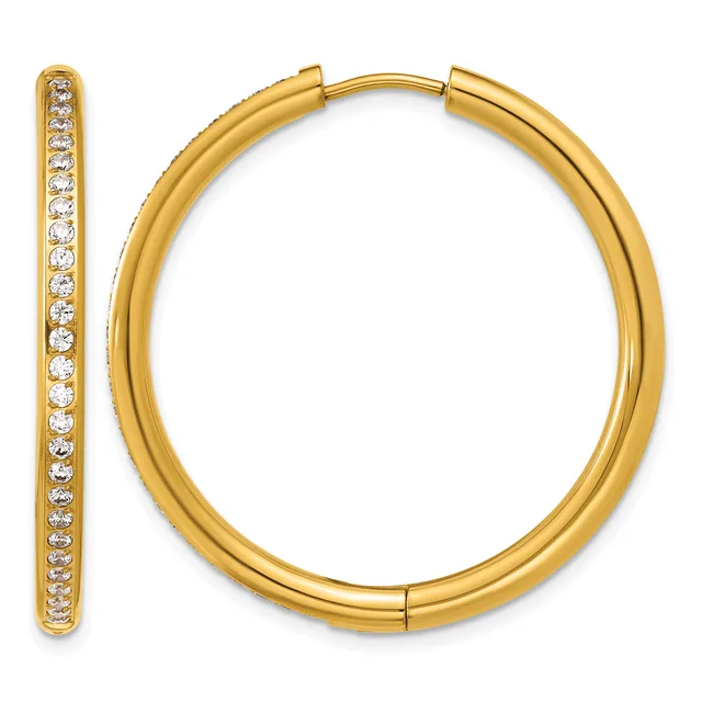 A pair of gold hoop earrings displayed side by side, one showing the front view and one the side profile, with round diamonds set along the outer edge.