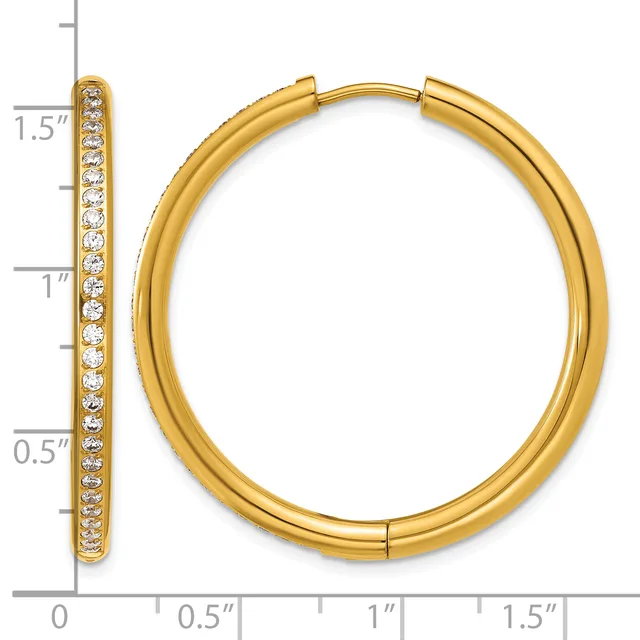 Gold hinged hoop earring with round diamond accents along the outer edge, shown front and side view with measurement scale.