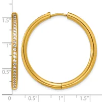 Gold hinged hoop earring with round diamond accents along the outer edge, shown front and side view with measurement scale.