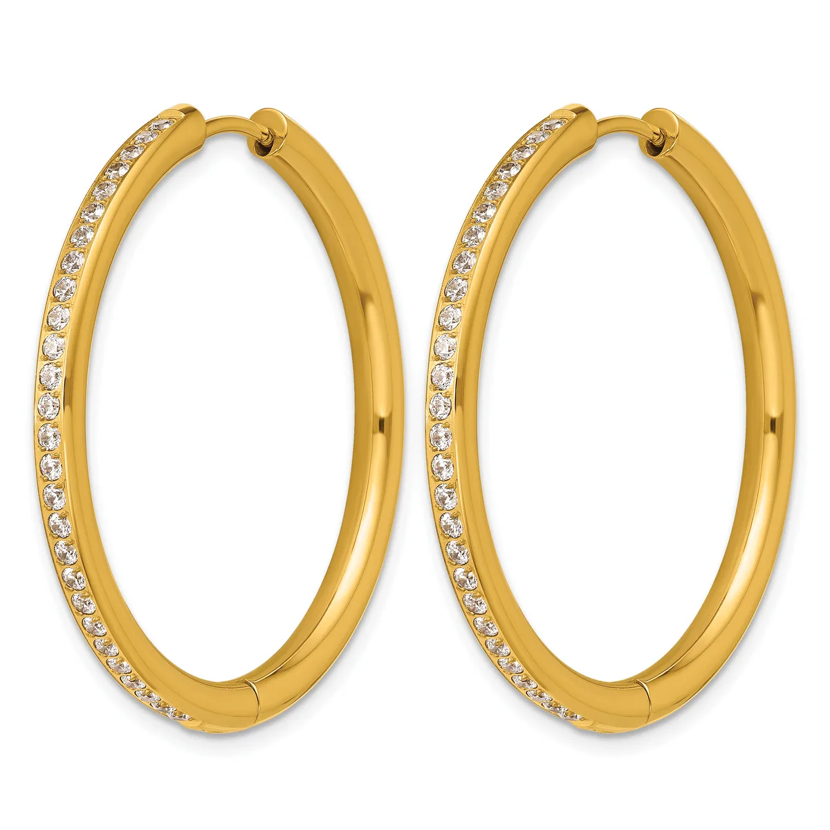 Pair of gold hoop earrings with crystal rhinestones set along the outer edge, shown against a white background.