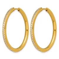 Pair of gold hoop earrings with crystal rhinestones set along the outer edge, shown against a white background.