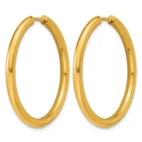 A pair of polished gold-colored hoop earrings with a smooth, rounded tubular design and hinged closures.