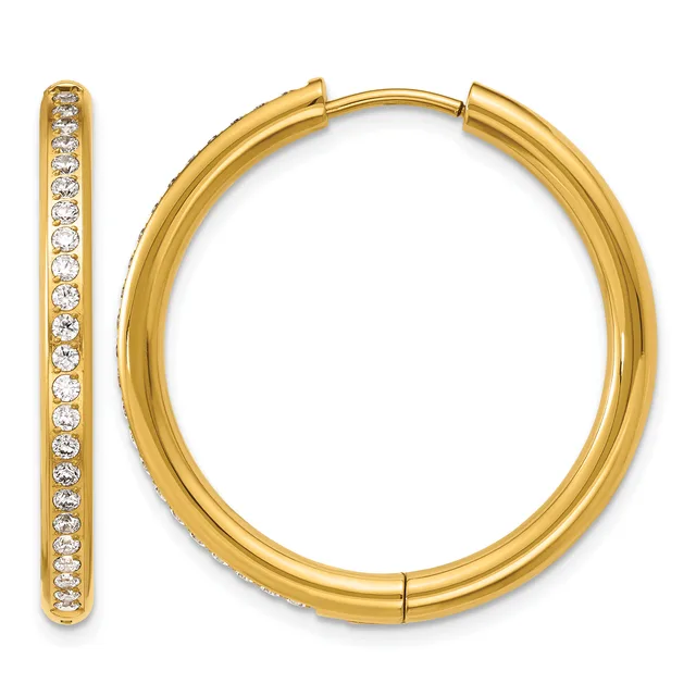 Pair of gold hoop earrings with hinged closures, one displaying a continuous line of round diamonds set along its inner surface.