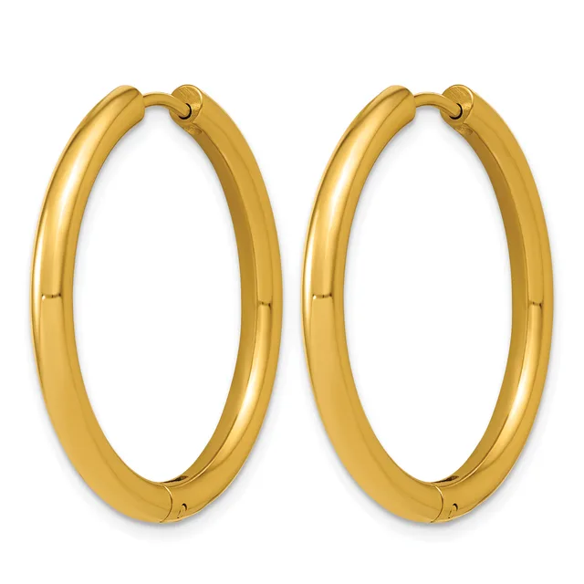 A pair of polished gold-colored hoop earrings with a smooth, rounded profile and hinged closures.