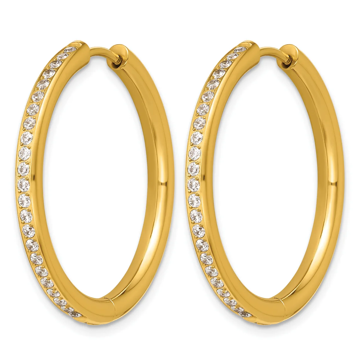 Pair of gold hoop earrings with diamond accents along the outer edge, shown against a white background.