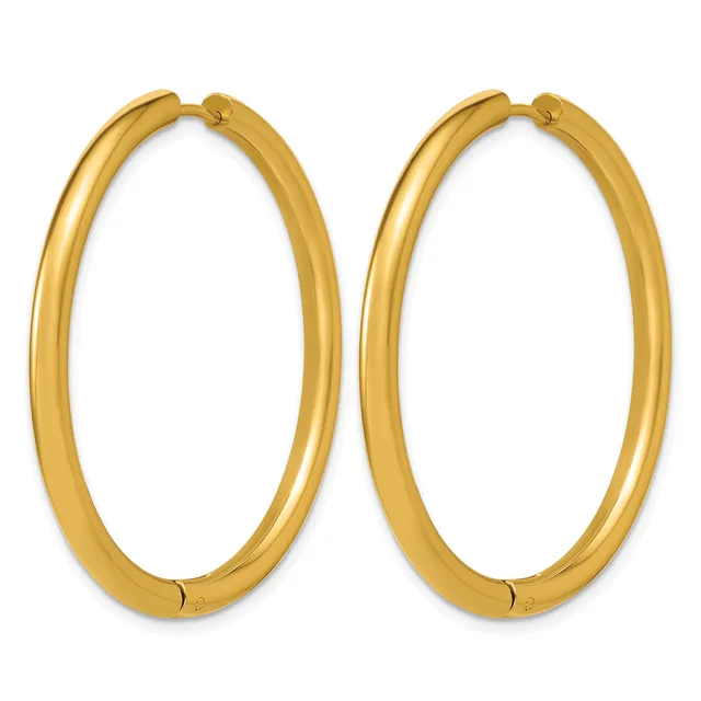 A pair of polished gold-colored hoop earrings with a smooth, rounded tubular design and hinged closures.