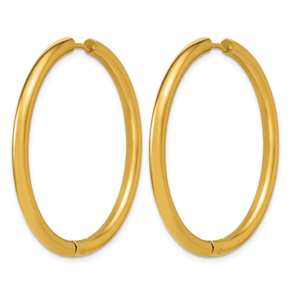 A pair of polished gold-colored hoop earrings with a smooth, rounded tubular design and hinged closures.
