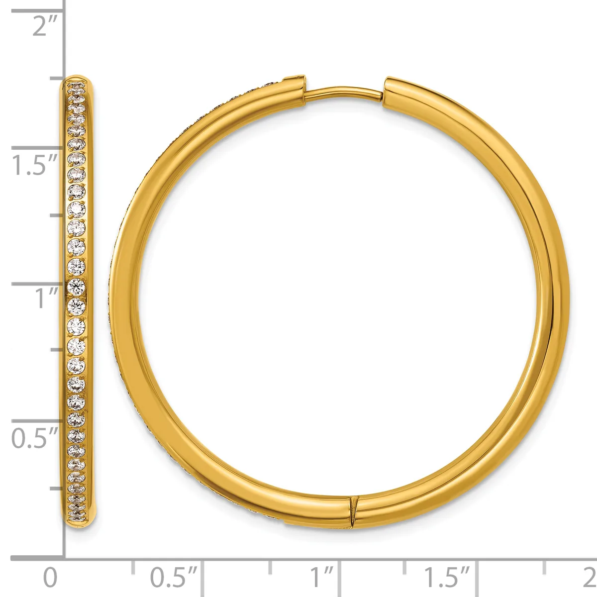 Gold hoop earrings with diamond accents along the outer edge, shown open to display the hinged closure, approximately 1.5 inches in diameter.