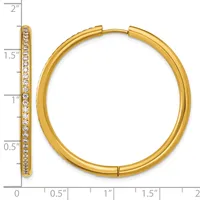 Gold hoop earrings with diamond accents along the outer edge, shown open to display the hinged closure, approximately 1.5 inches in diameter.