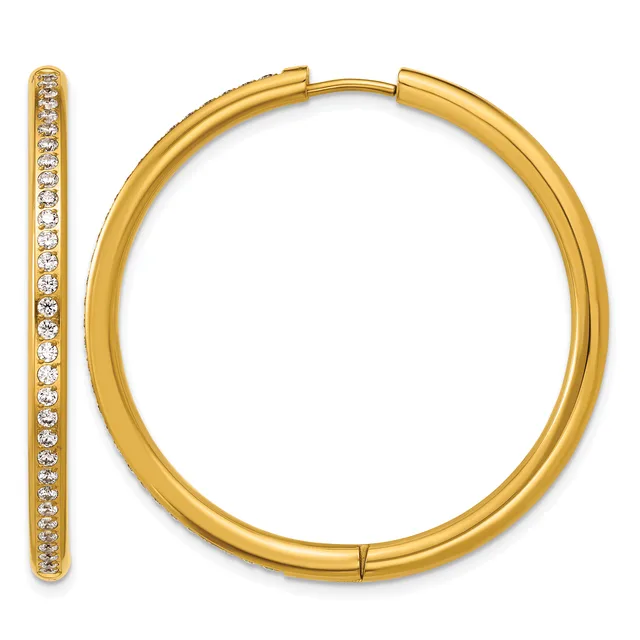 A pair of gold hoop earrings with diamond pave settings shown from the front and side views.
