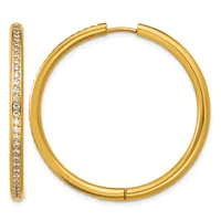 A pair of gold hoop earrings with diamond pave settings shown from the front and side views.