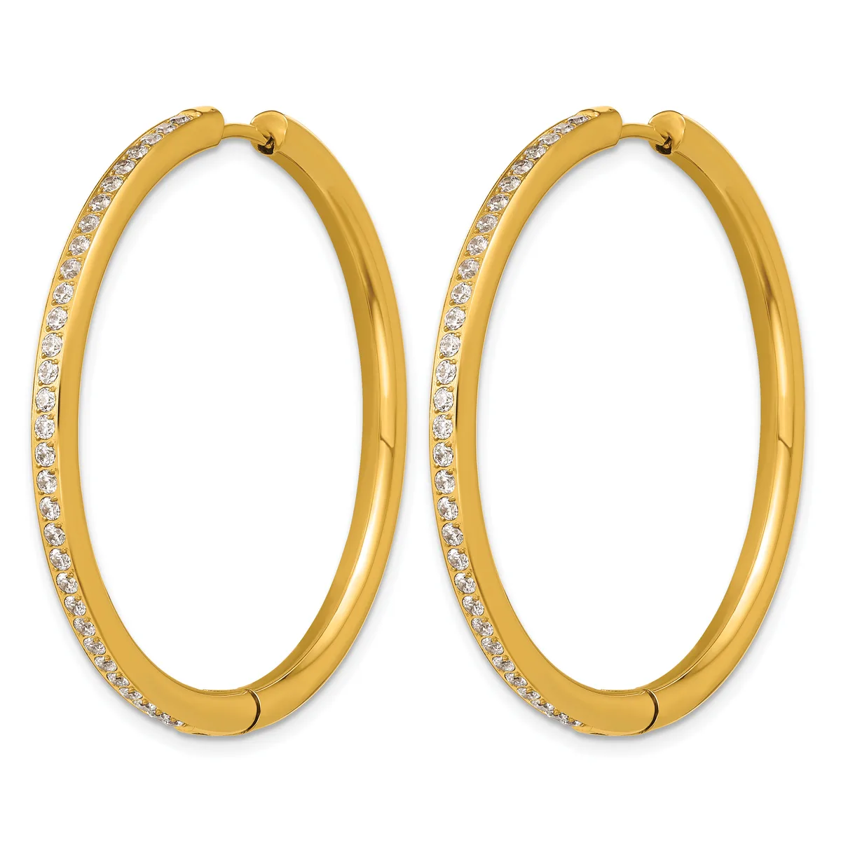 Pair of large gold hoop earrings with diamond accents along the outer edge, shown against a white background.
