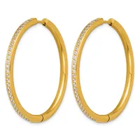 Pair of large gold hoop earrings with diamond accents along the outer edge, shown against a white background.