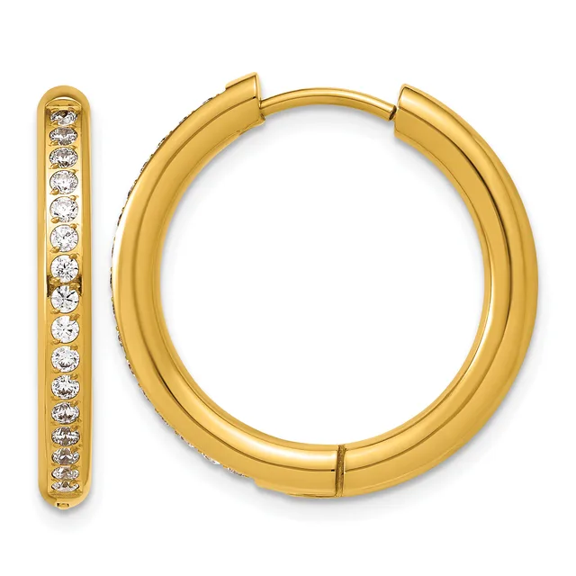 Pair of gold hoop earrings with hinged closure, featuring a line of round diamonds set along the inner surface.