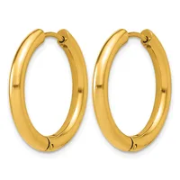 A pair of polished gold hoop earrings with a chunky, rounded profile and small hinged closures, displayed side by side against a white background.
