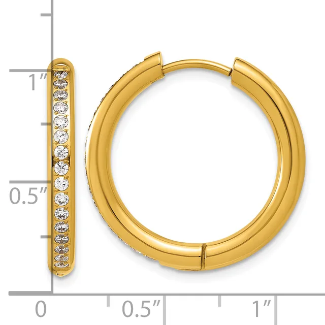 Gold hoop earrings with diamond accents along the inner edge, shown against a measurement scale.
