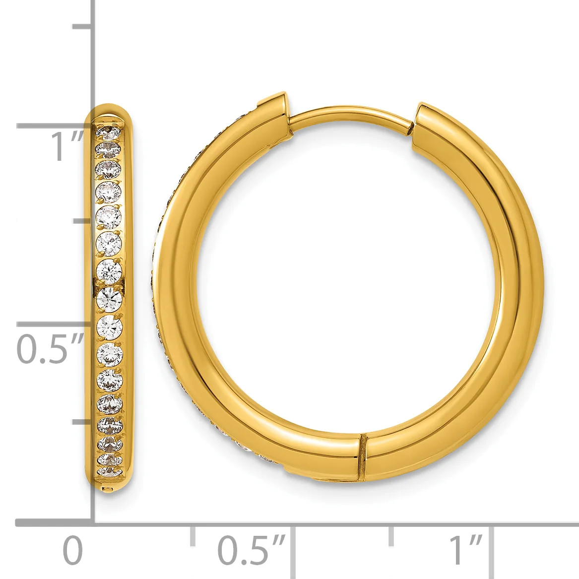 Gold hoop earrings with diamond accents along the inner edge, shown against a measurement scale.