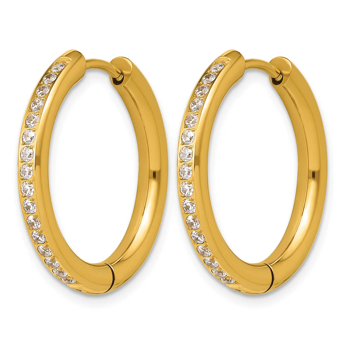 A pair of gold hoop earrings with diamond accents along the outer edge, shown against a white background.