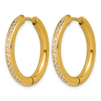 A pair of gold hoop earrings with diamond accents along the outer edge, shown against a white background.