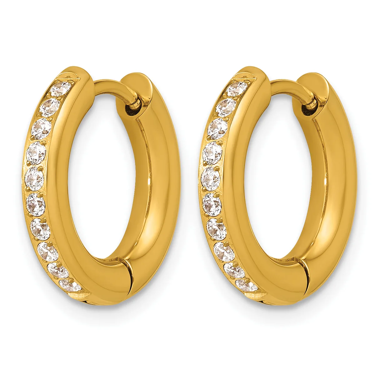 A pair of gold hoop earrings with diamond accents along the outer edge, shown from the front on a white background.