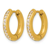A pair of gold hoop earrings with diamond accents along the outer edge, shown from the front on a white background.