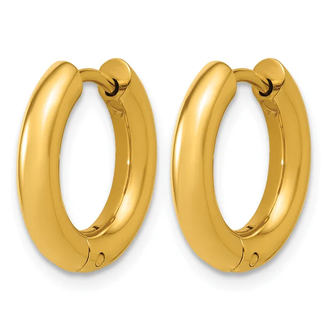 A pair of polished gold hoop earrings with a chunky, rounded profile and hinged closures, displayed against a white background.