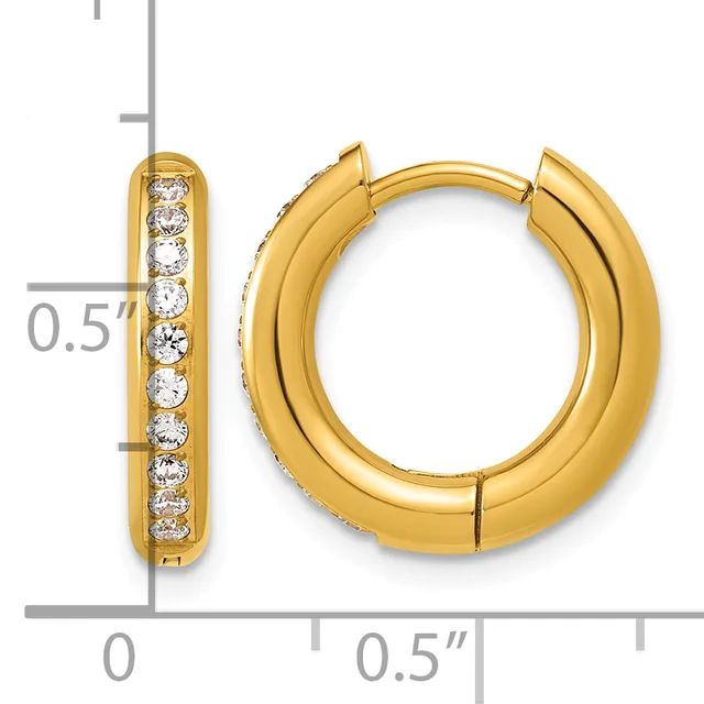 A pair of gold hoop earrings with channel-set round cubic zirconia stones along the inner surface, shown with a measurement scale indicating approximately 0.5 inches in diameter.