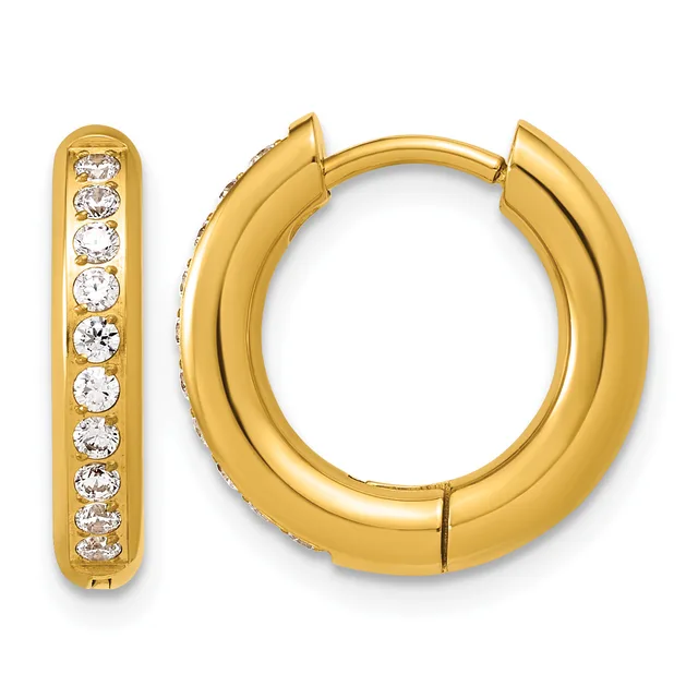 Pair of gold hoop earrings with cubic zirconia stones set along the inner surface, shown from the front and side.