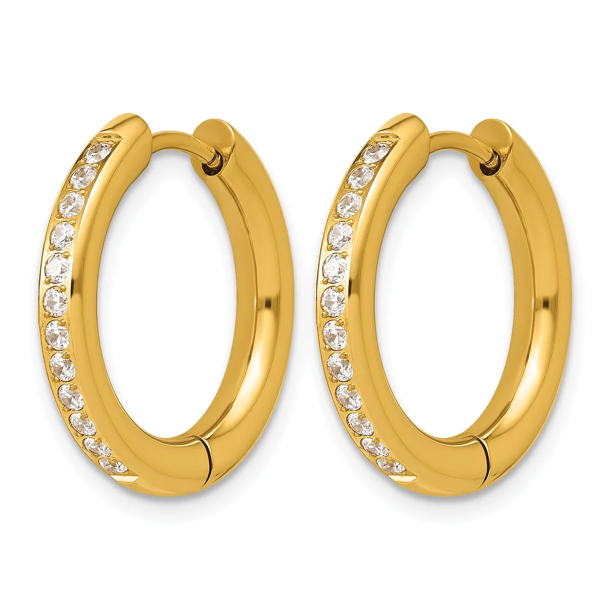 A pair of gold hoop earrings with diamond accents along one side, shown against a white background.