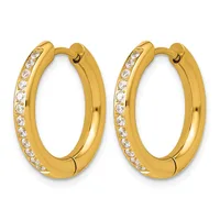 A pair of gold hoop earrings with diamond accents along one side, shown against a white background.
