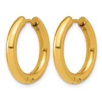 A pair of polished gold-colored hoop earrings with a chunky oval shape and hinged closure posts, shown against a white background.