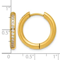 Gold-colored hoop earrings with a hinged closure, featuring a row of round cubic zirconia stones along the outer edge, displayed with a measurement scale showing approximately one inch in height.