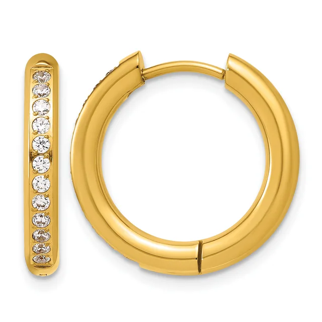 A pair of gold hoop earrings with diamond accents along the inner edge, shown closed and open to display the hinged clasp mechanism.