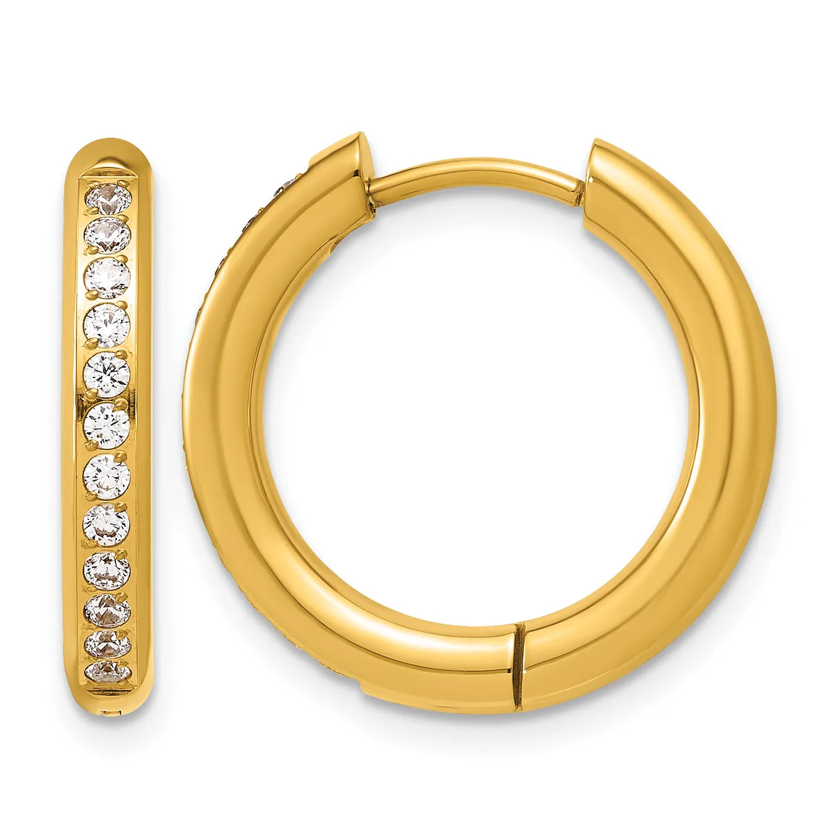 A pair of gold hoop earrings with diamond accents along the inner edge, shown closed and open to display the hinged clasp mechanism.
