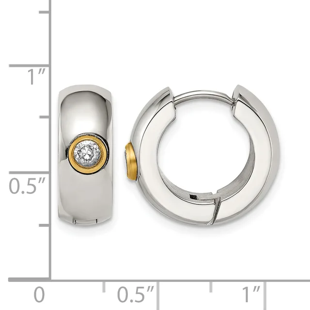 Two-tone silver and gold hoop earrings with white round gemstones set in gold bezels, shown front and side view with measurement scale.