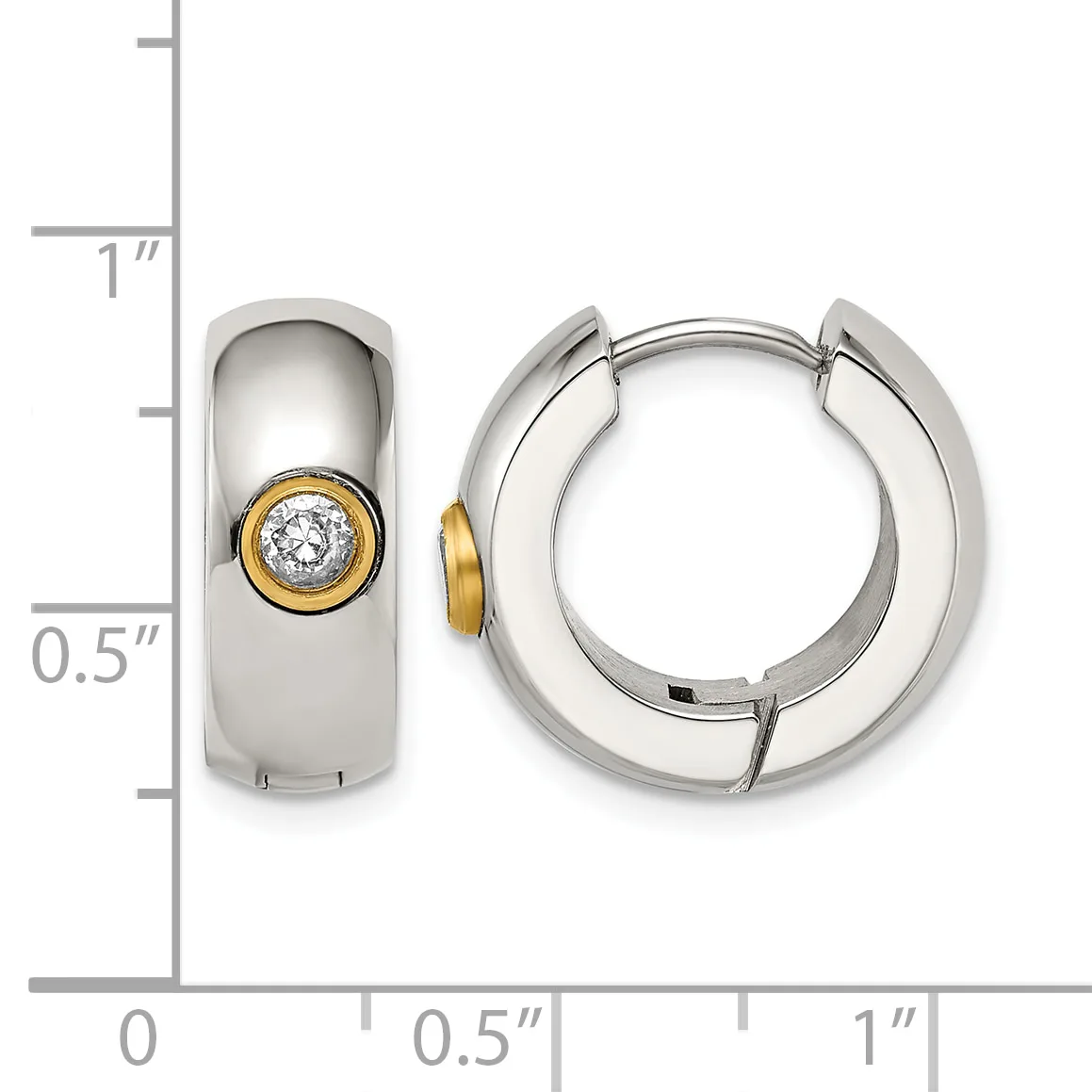 Two-tone silver and gold hoop earrings with white round gemstones set in gold bezels, shown front and side view with measurement scale.