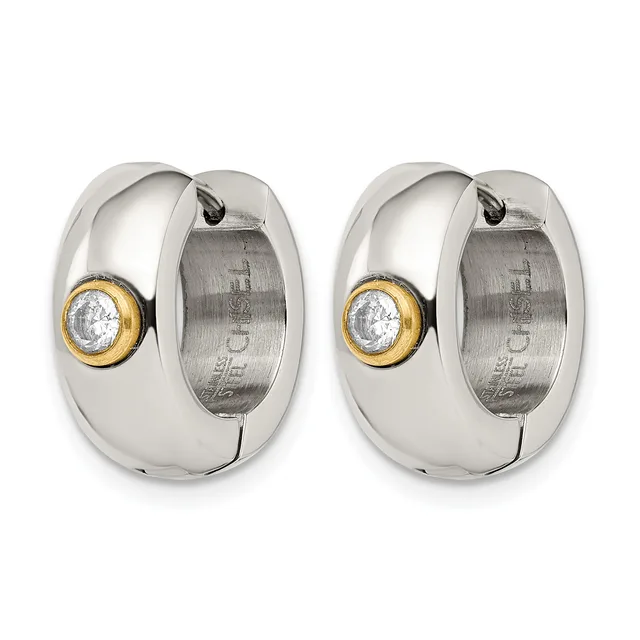 A pair of polished silver chunky hoop earrings with gold-rimmed bezels set with round clear crystals, shown from front and back views.