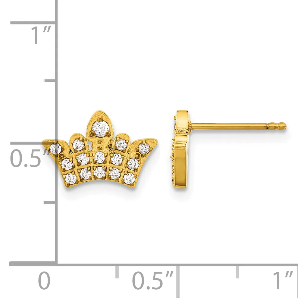 Gold crown-shaped stud earrings with cubic zirconia stones, shown front and side view against a ruler indicating approximately half-inch width.