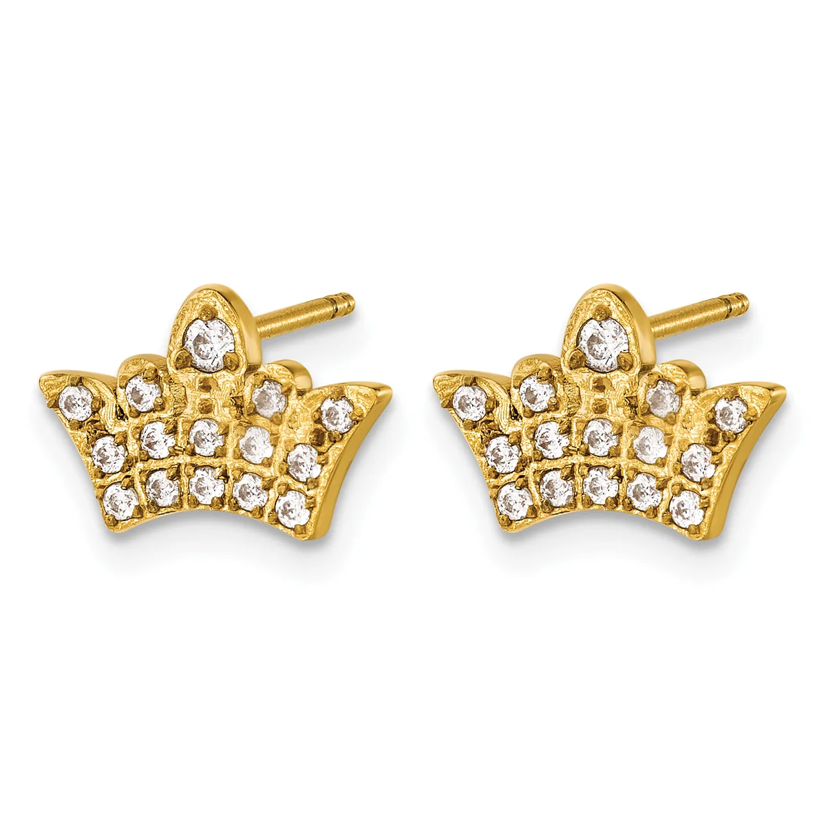 Pair of gold crown-shaped stud earrings with round cubic zirconia stones set throughout, shown from the front.