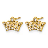 Pair of gold crown-shaped stud earrings with round cubic zirconia stones set throughout, shown from the front.