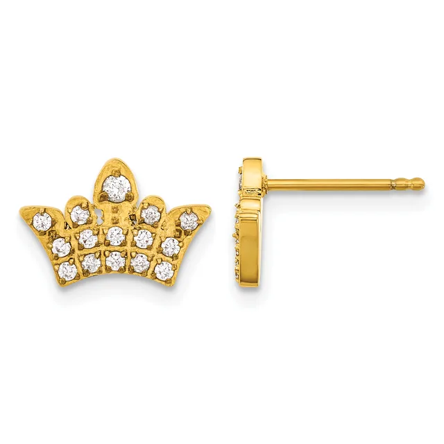 A pair of gold crown-shaped stud earrings set with round diamonds, shown from front and side views.