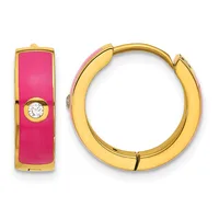 Gold hoop earrings with pink enamel panels featuring a small diamond accent, shown as a pair from front and side views.