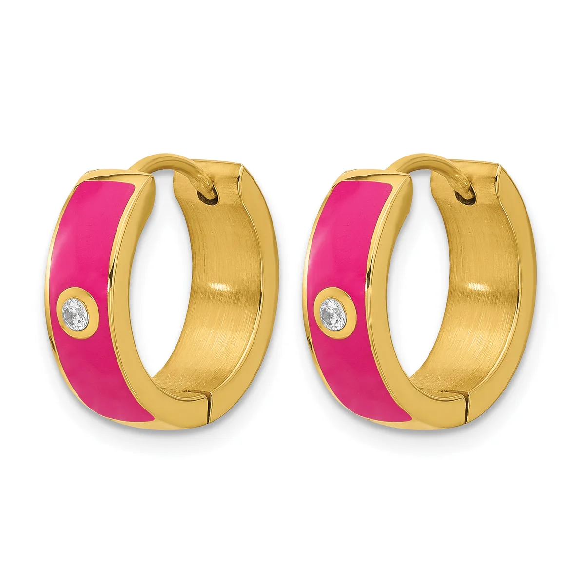 A pair of gold-toned hoop earrings with bright pink enamel panels and small round white stone accents, shown from the front.