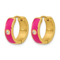 A pair of gold-toned hoop earrings with bright pink enamel panels and small round white stone accents, shown from the front.