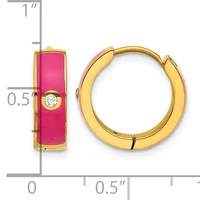 Gold hoop earrings with hot pink enamel panels and small diamond accents, shown with a measurement scale indicating approximately one inch in length.
