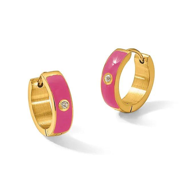 A pair of gold hoop earrings with bright pink enamel coating and small round diamond accents, shown from the front.