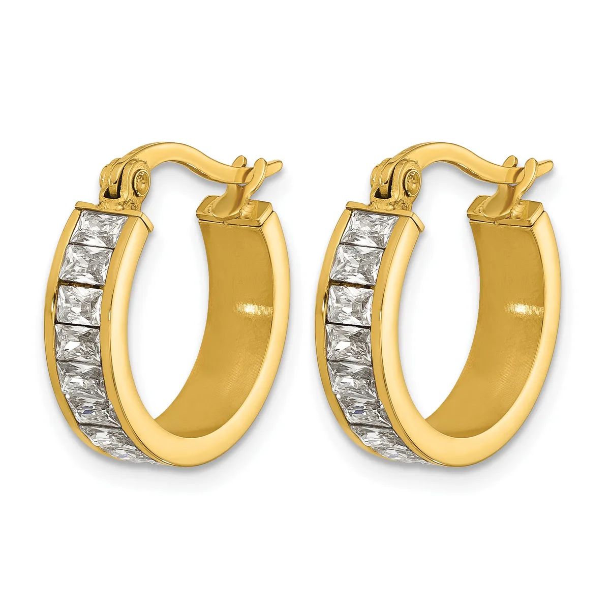 A pair of gold hoop earrings with square-cut cubic zirconia stones set along one side, shown from the front against a white background.